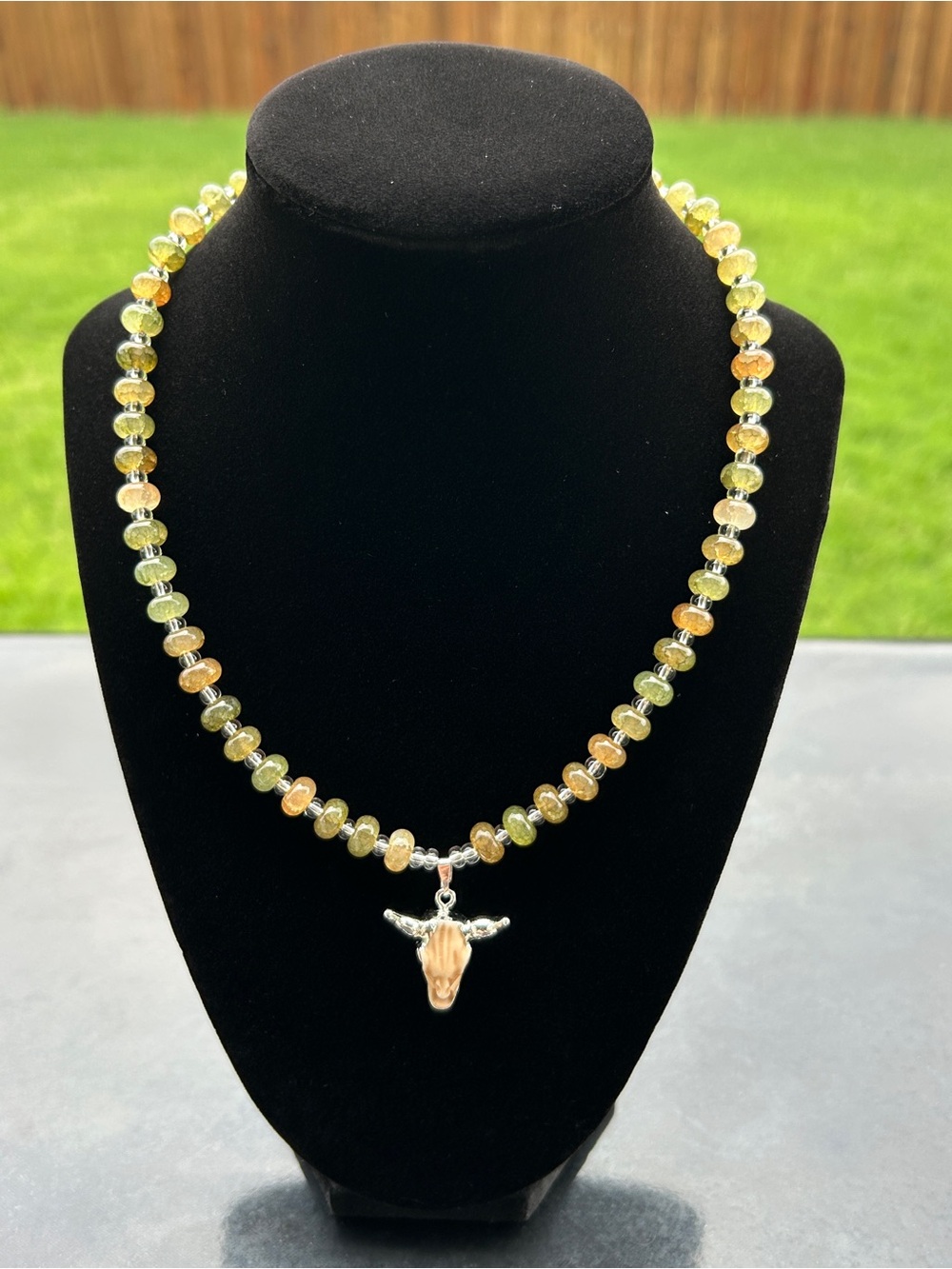 Handmade Green and beiges Beaded Necklace with Bull Head Pendant